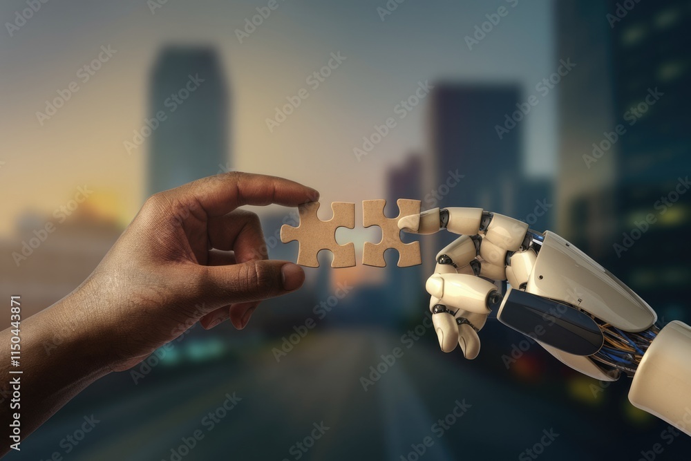 Poster human and robot hands collaboratively connect two puzzle pieces, symbolizing synergy and technologic
