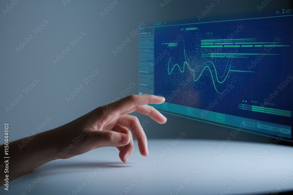 Poster A hand interacts with a holographic display showing dynamic data visualizations and graphs.