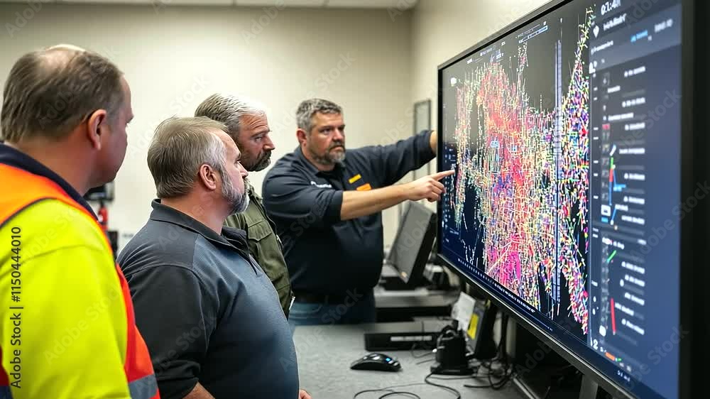 Aufkleber rescue workers in a well-lit emergency operations center gathered around a large digital map display