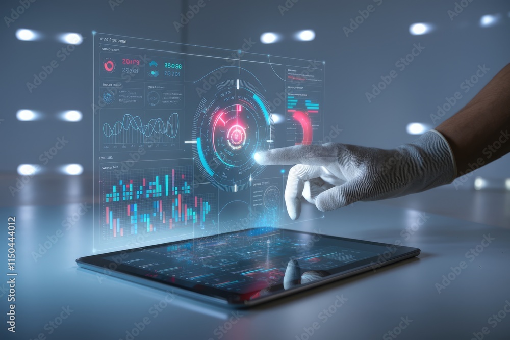 Aufkleber A gloved hand interacts with a holographic tablet displaying real-time data analytics and visualizations.
