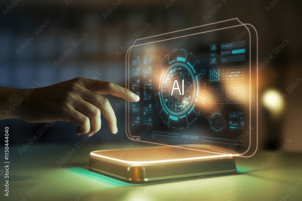Poster a hand interacts with a futuristic ai interface showcasing data visualization and technological adva