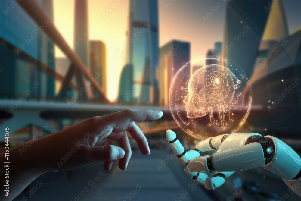 Poster human hand interacts with a robotic hand displaying a digital brain, symbolizing ai collaboration in