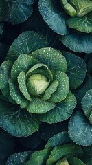 Fototapeta premium Fresh green cabbage with dew drops in a garden setting during early morning hours