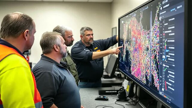 Rescue workers in a well-lit emergency operations center gathered around a large digital map displaying live updates, discussing rapid response strategies