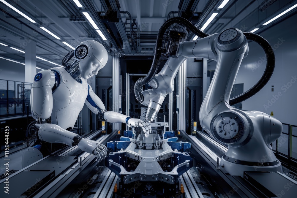 Aufkleber Two robots collaborate on an assembly line, precisely installing a car part in a futuristic factory.