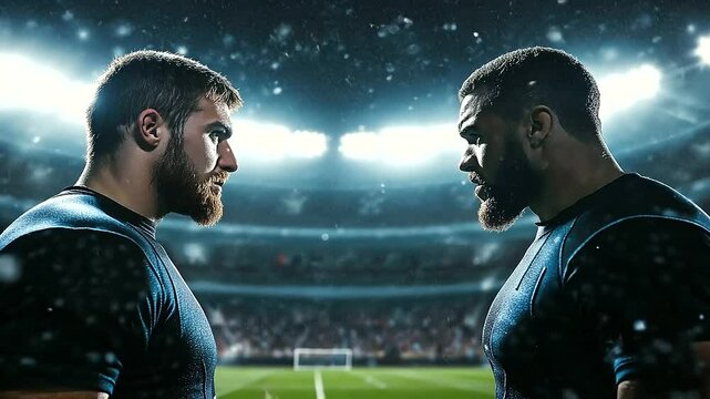 Two rival players face off intensely on the field, the packed stadium roaring under the glow of bright stadium lights as tension fills the air