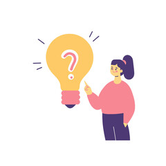  woman Pointing at a question mark inside a light bulb flat vector