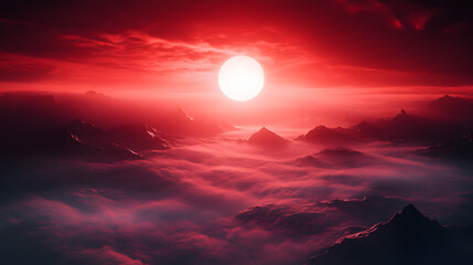 A mystical red sky illuminated by a glowing sun breaking through layers of vermilion clouds.