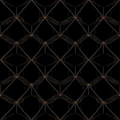 Fototapeta premium Intricate Geometric Pattern: A seamless textile design featuring a captivating array of interconnected bronze-hued lines on a deep black background.
