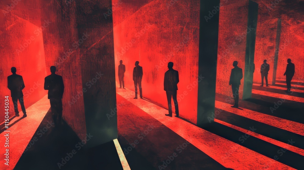 Poster mysterious figures in dark red ambiance creating an enigmatic atmosphere in a shadowy urban setting 