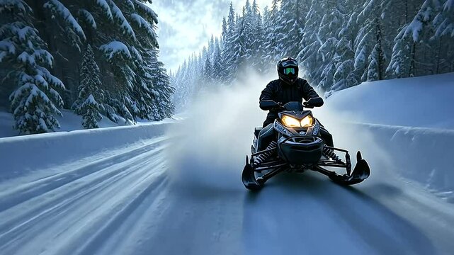 A man on a snowmobile powering through deep snow on a forest trail, with towering evergreens draped in heavy snow framing the scene