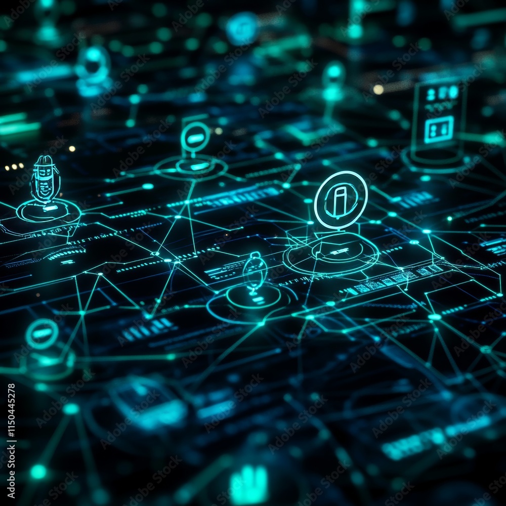Poster abstract digital network with glowing icons and connections illustrating technology and data visuali