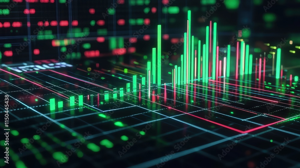 Poster set against a dark, futuristic interface, this digital stock market visualization features colorful 