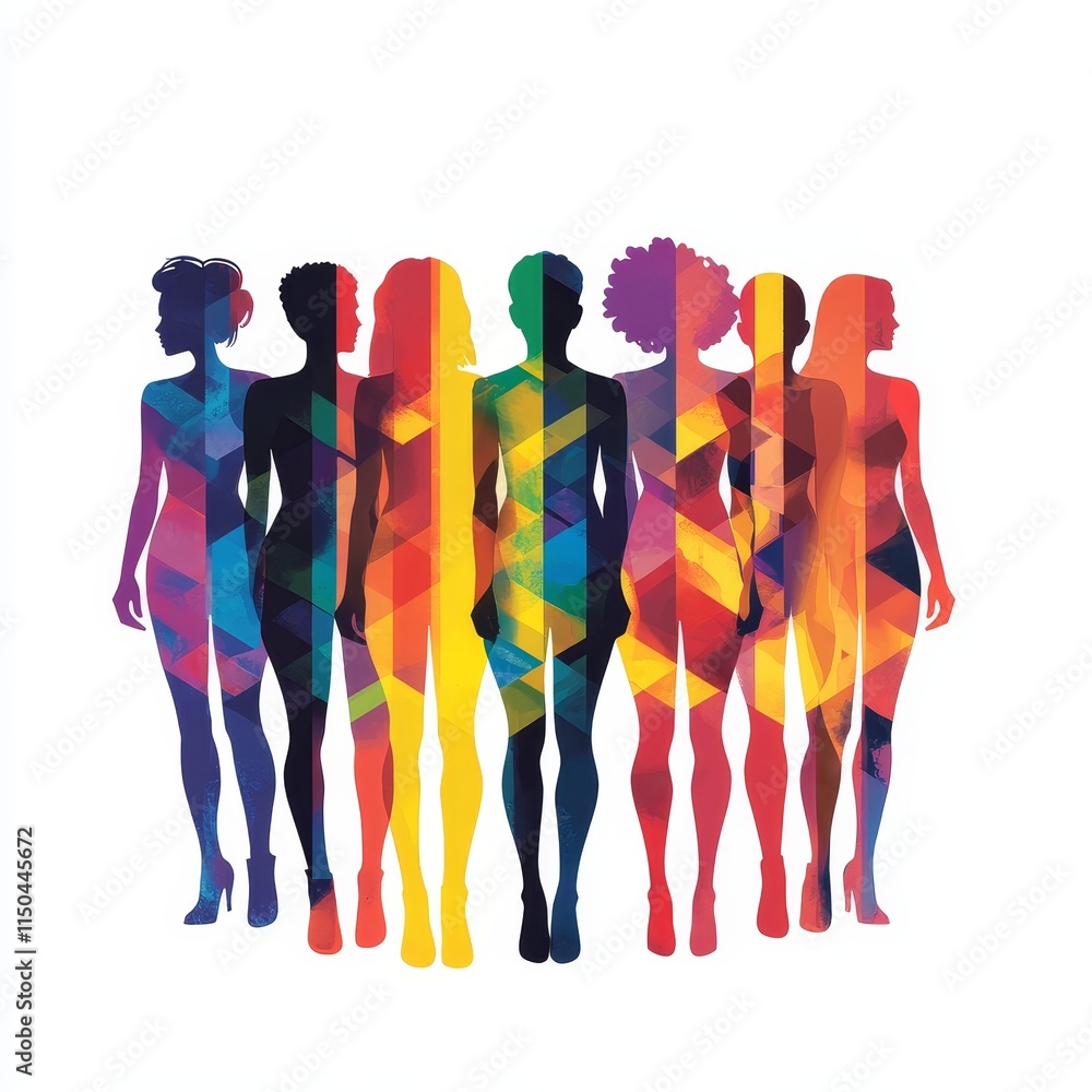 Poster colorful silhouettes of diverse figures represent unity and strength in a vibrant artistic display o