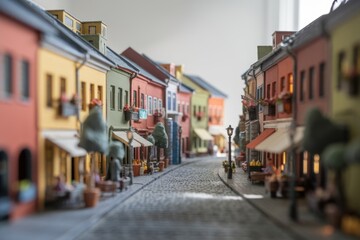 Fototapeta premium A charming miniature European street scene with colorful buildings, shops, and cobblestone road.