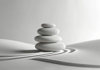 Stacked stones on smooth sandy surface create a serene and calming composition in natural light