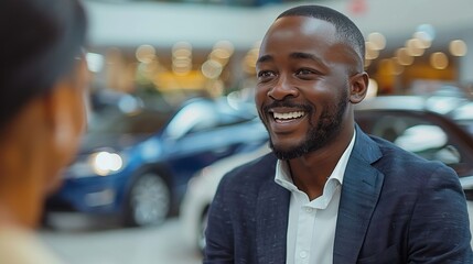 Happy African American man in a suit talking to a woman in a car dealership.