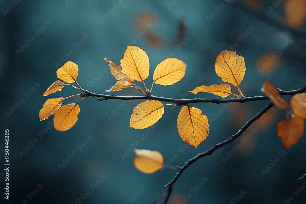 Poster beautiful golden leaves on a branch illuminated by soft light during autumn in a tranquil forest set