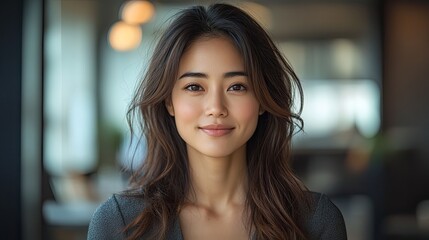 Naklejka premium Portrait of a smiling Asian businesswoman in an office with a colleague, possibly for a meeting or discussion