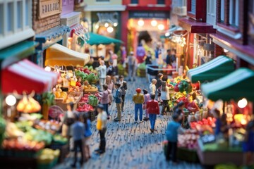 A miniature bustling marketplace with vibrant produce, numerous stalls, and miniature people shopping.
