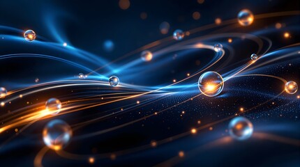 Abstract Floating Spheres with Golden Light Trails on Dark Blue