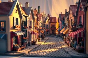 Fototapeta premium A charming miniature town at sunset, showcasing quaint houses and cobblestone streets.