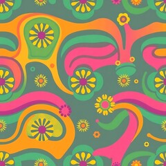 Fototapeta premium Groovy Floral Pattern: A vibrant and psychedelic seamless pattern featuring whimsical flowers, swirling lines, and a retro color palette. Perfect for adding a touch of 70s flair to your designs.