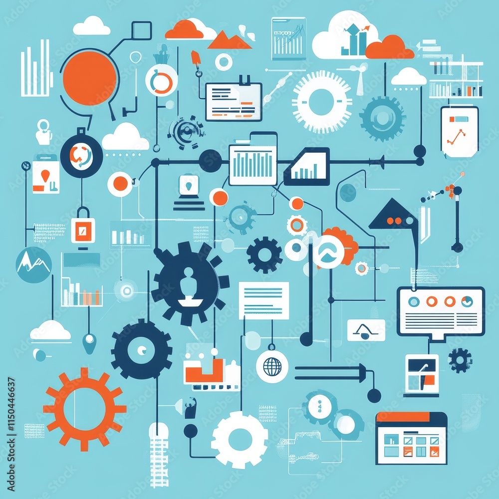 Poster data visualization and analytics concepts illustrated with gears and charts on a light blue backgrou