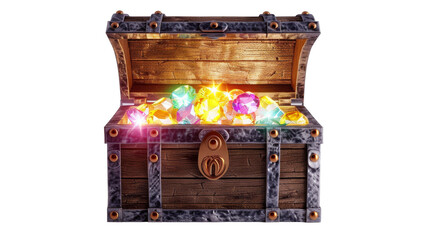 wooden treasure chest with valuables and gem, isolated over white background, isolated, png, transparent, clipart, transparent background, cutout, cut-out