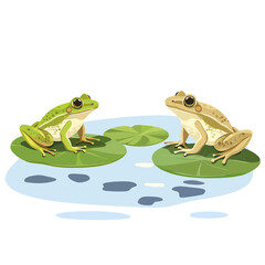 A tranquil pond scene with frogs sitting on lily pads. vector