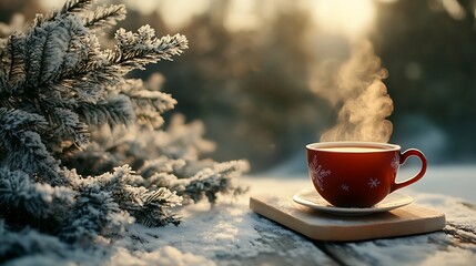 A steaming cup of tea on a wooden board, placed next to a snow-dusted evergreen tree in a tranquil winter morning.