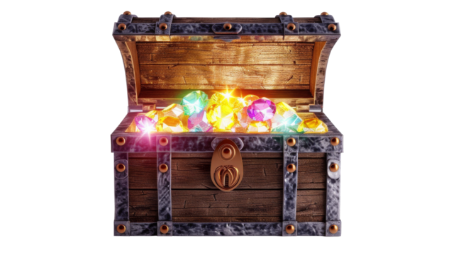 wooden treasure chest with valuables and gem, isolated over white background, isolated, png, transparent, clipart, transparent background, cutout, cut-out