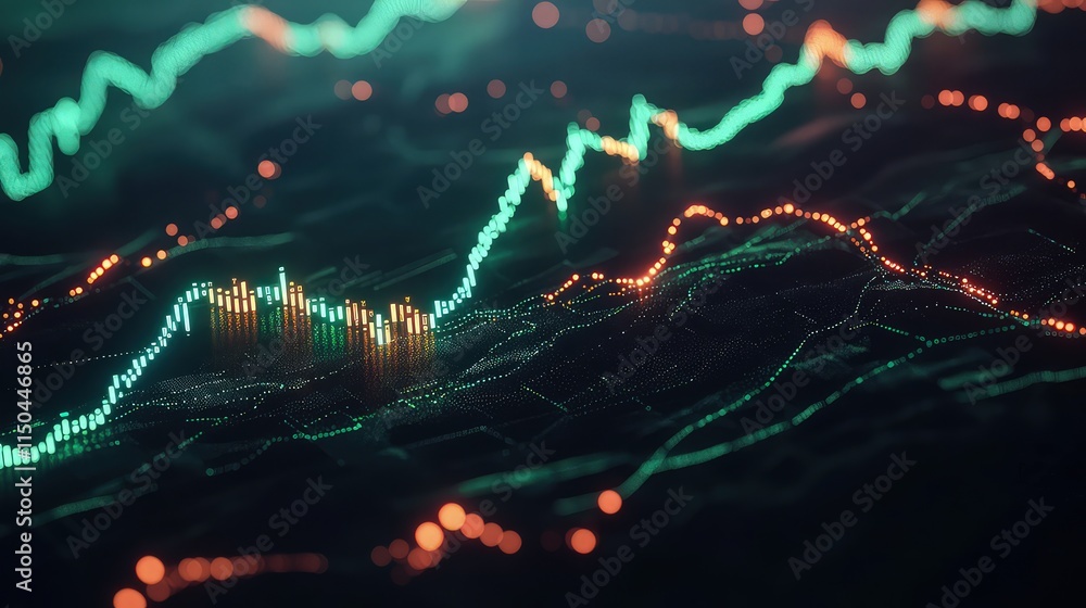 Poster a futuristic investment chart with pulsing data points on a dark background, showing a line graph in