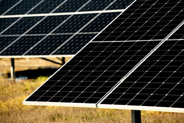 Solar panels, photovoltaic, alternative electricity source, concept of sustainable resources. Solar...