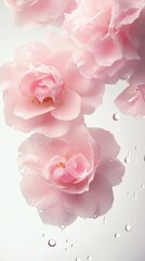 Soft pink flowers with droplets on a light background, evoking tranquility and beauty.