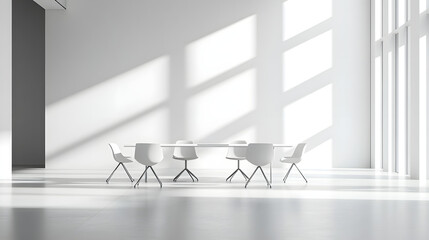 minimalist meeting room with white walls and natural light
