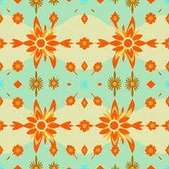 Summer Bloom Pattern: A vibrant and cheerful seamless pattern featuring stylized orange flowers and geometric shapes on a pastel green and beige background. Perfect for textile design, home decor.