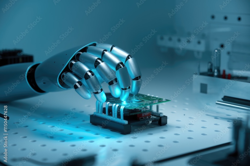 Poster A robotic hand delicately places a circuit board onto a testing platform, showcasing advanced automation in electronics manufacturing.