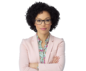 Smiling woman in glasses and blazer, isolated on white. PNG transparent.