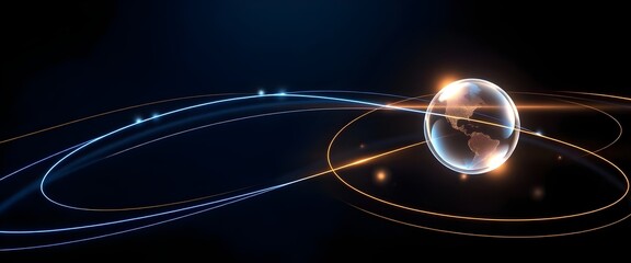 Abstract Earth Globe with Glowing Light Trails on Dark Background
