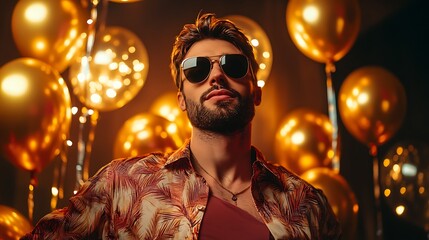Obraz premium A stylish man wearing sunglasses, posing in front of metallic gold balloons and party lights.