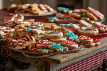 Fototapeta premium Assortment of Christmas cookies decorated with festive icing and sprinkles.