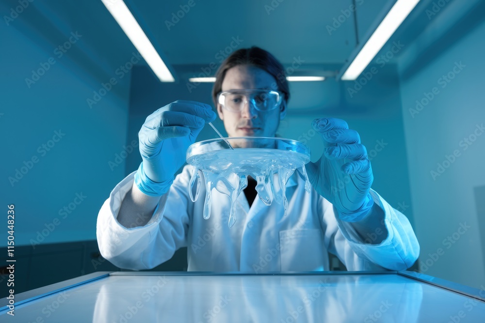 Aufkleber Scientist examines a translucent, viscous substance in a petri dish, conducting a scientific experiment in a lab.