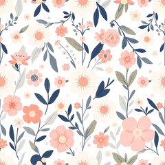 Floral Delight Seamless Pattern: A cheerful, vibrant, and intricate pattern of pink and blue floral motifs  on a white background, perfect for creating delightful and charming designs. 
