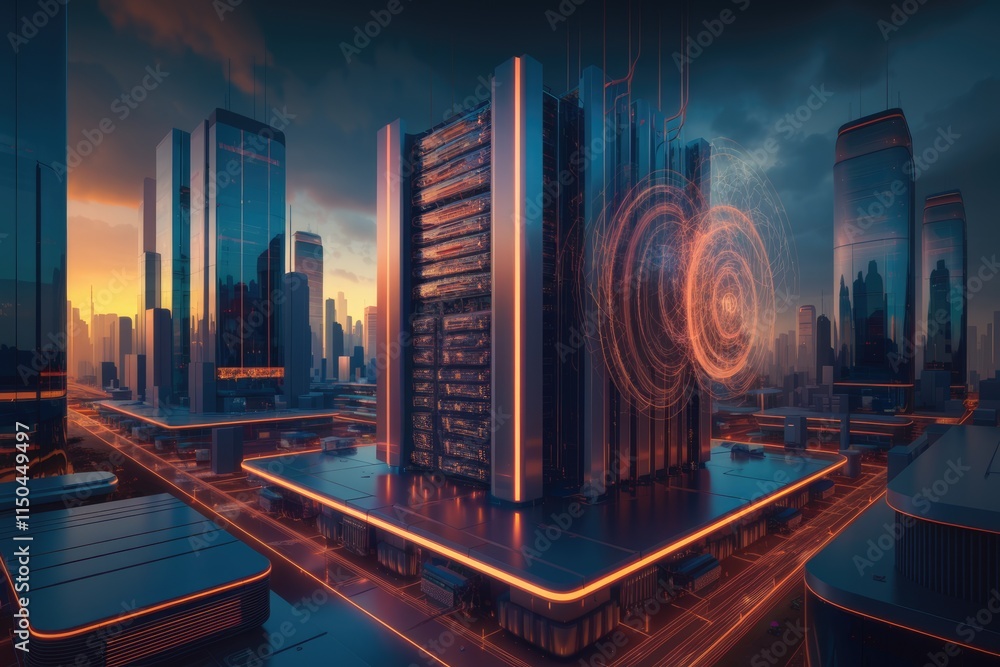 Poster futuristic cityscape with a massive data center at sunset, showcasing advanced technology and urban 