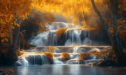 Waterfall, with each tier framed by vibrant autumn leaves and illuminated by soft