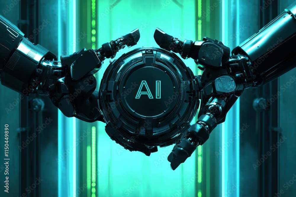 Poster a futuristic robotic hand delicately holding an ai processor with intricate engravings, illuminated 