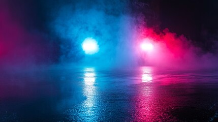 Fototapeta premium Wet asphalt, reflection of neon lights, a searchlight, smoke. Abstract light in a dark empty street with smoke
