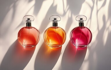 Beautifully arranged perfume bottles casting soft shadows in modern setting