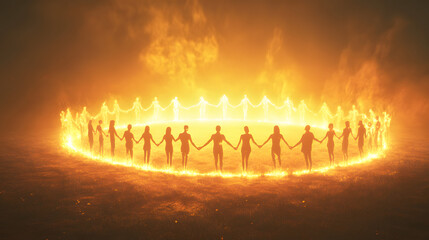 A radiant circle of figures holding hands in a glowing field of light surrounded by a luminous mist.